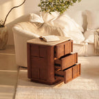 Hearth End Table with Travertine Top Oak Wood Nightstand with 3 Drawer Bedside Table Modern Wood Side Table with Storage White Oak Finish Brown Sofa Side Table for Living Room, Bedroom