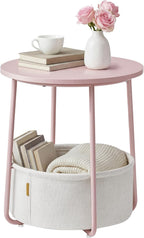SONGMICS HOME Small Side Table, Round End Table, 2 Tier Nightstand with Basket, U Shaped Steel Legs, Easy Assembly, for Living Room, Bedroom, Pink and White