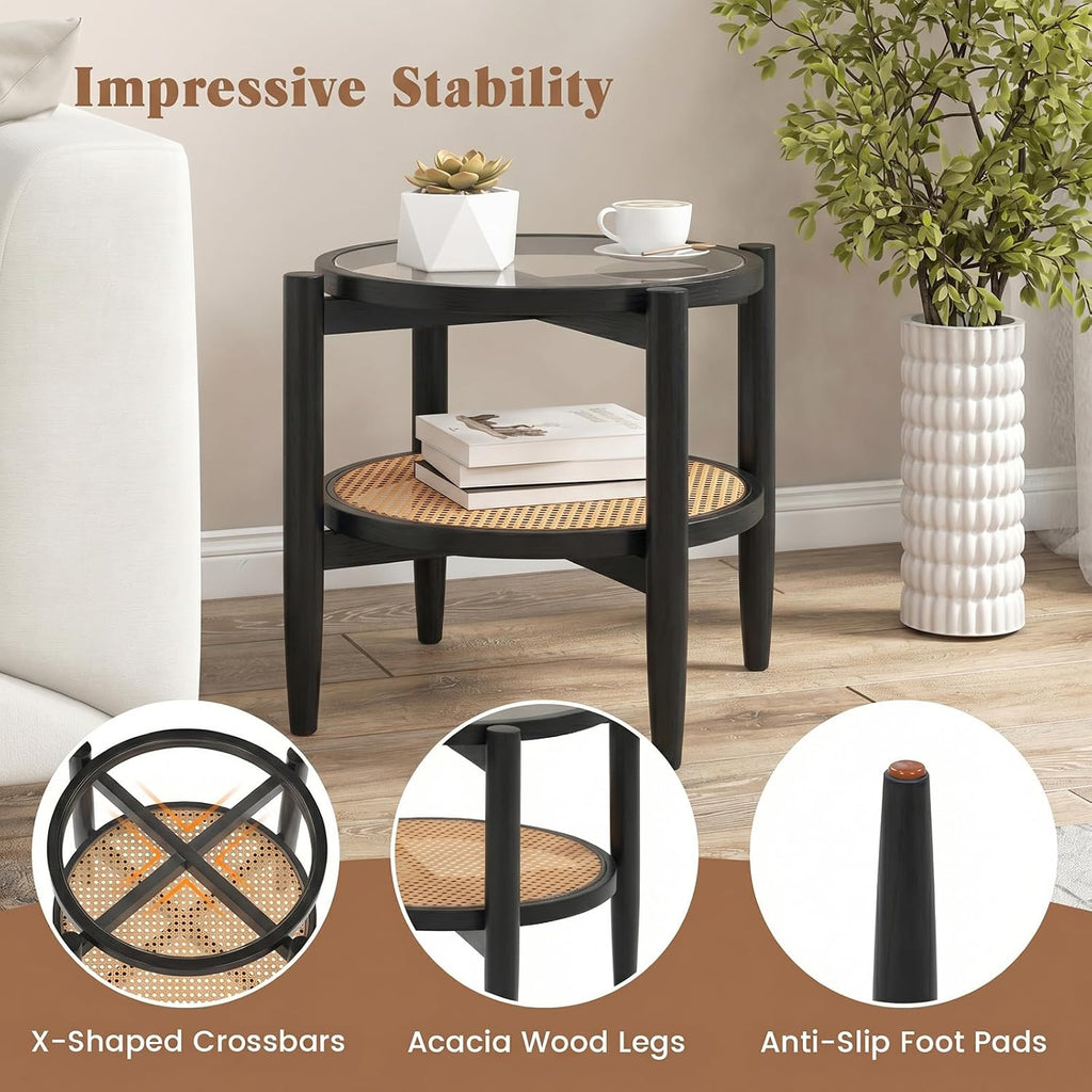 Giantex Rattan Round End Table, Boho Nightstand with Tempered Glass Top & Acacia Wood Legs, 2-Tier Side Table with Storage, Bedside Tables for Small Spaces Living Room Bedroom (Black)