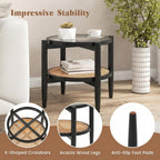 Giantex Rattan Round End Table, Boho Nightstand with Tempered Glass Top & Acacia Wood Legs, 2-Tier Side Table with Storage, Bedside Tables for Small Spaces Living Room Bedroom (Black)