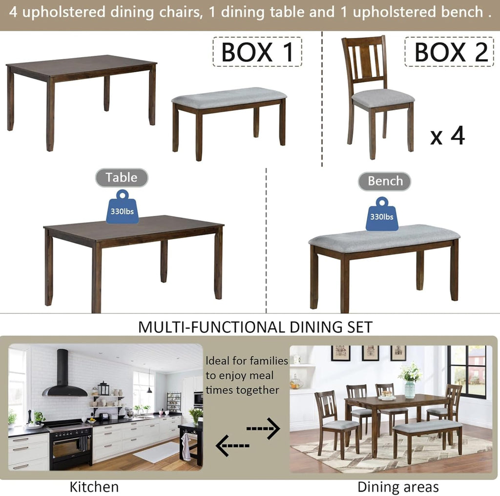 6-Piece Dining Table Set for 6, Counter Height Kitchen Set with Rectangular Wooden Table, Bench & 4 Chairs, Living Room Chairs with Comfortable Seating, Dining Table & Chair for Home, Walnut