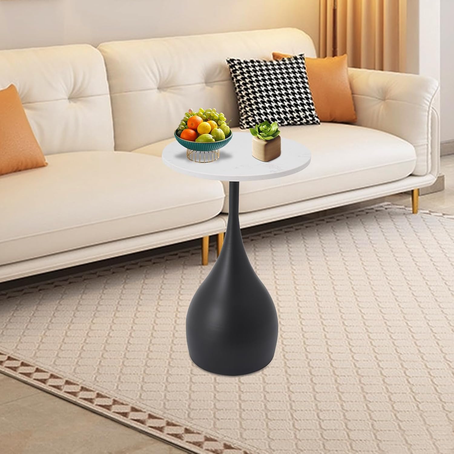 Small White End Table, 14" Marble Side Table with Black Metal Base Martini Table Round Accent Table for Small Spaces Living Rooms Bedrooms Balconies 21.65" Height (Black)