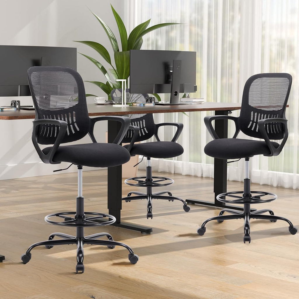 DUMOS Drafting Chair with Flip-up Arms, Tall Office Standing Desk Chair with 360° Swivel Rolling Wheels, Counter Height Adjustable, High Ergonomic Mesh Computer Chairs, Ink