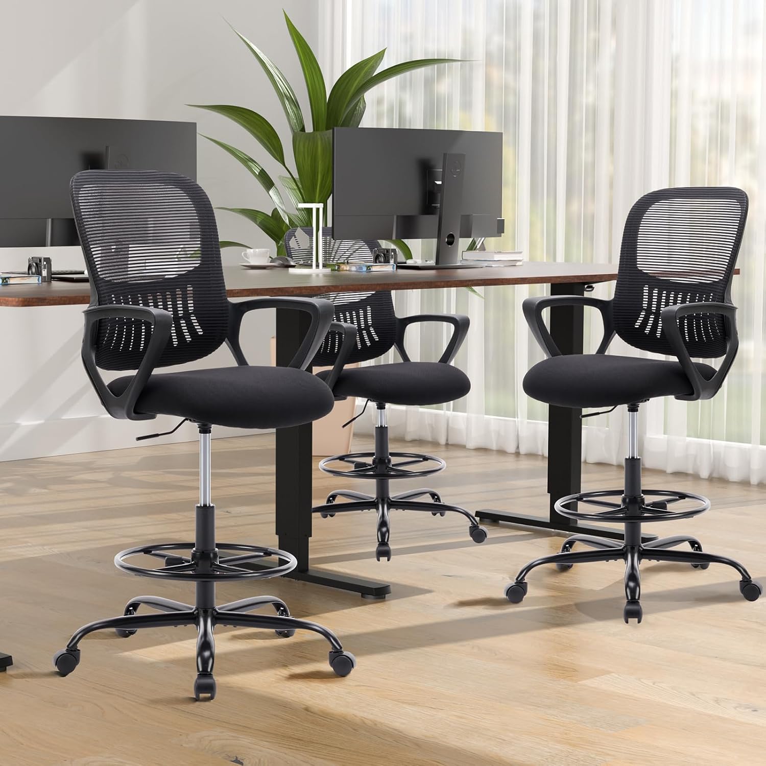 DUMOS Drafting Chair with Flip-up Arms, Tall Office Standing Desk Chair with 360° Swivel Rolling Wheels, Counter Height Adjustable, High Ergonomic Mesh Computer Chairs, Ink