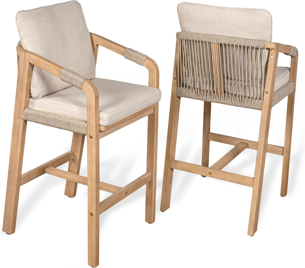 JONATHAN Y Porto Acacia Wood Outdoor Bar Stool Set of 2 for Patio and Kitchen Counter, Coastal Woven Rope Armchairs with Removable Cushions, Light Teak BSL1200A-SET2