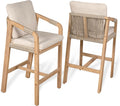 JONATHAN Y Porto Acacia Wood Outdoor Bar Stool Set of 2 for Patio and Kitchen Counter, Coastal Woven Rope Armchairs with Removable Cushions, Light Teak BSL1200A-SET2