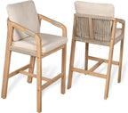 JONATHAN Y Porto Acacia Wood Outdoor Bar Stool Set of 2 for Patio and Kitchen Counter, Coastal Woven Rope Armchairs with Removable Cushions, Light Teak BSL1200A-SET2