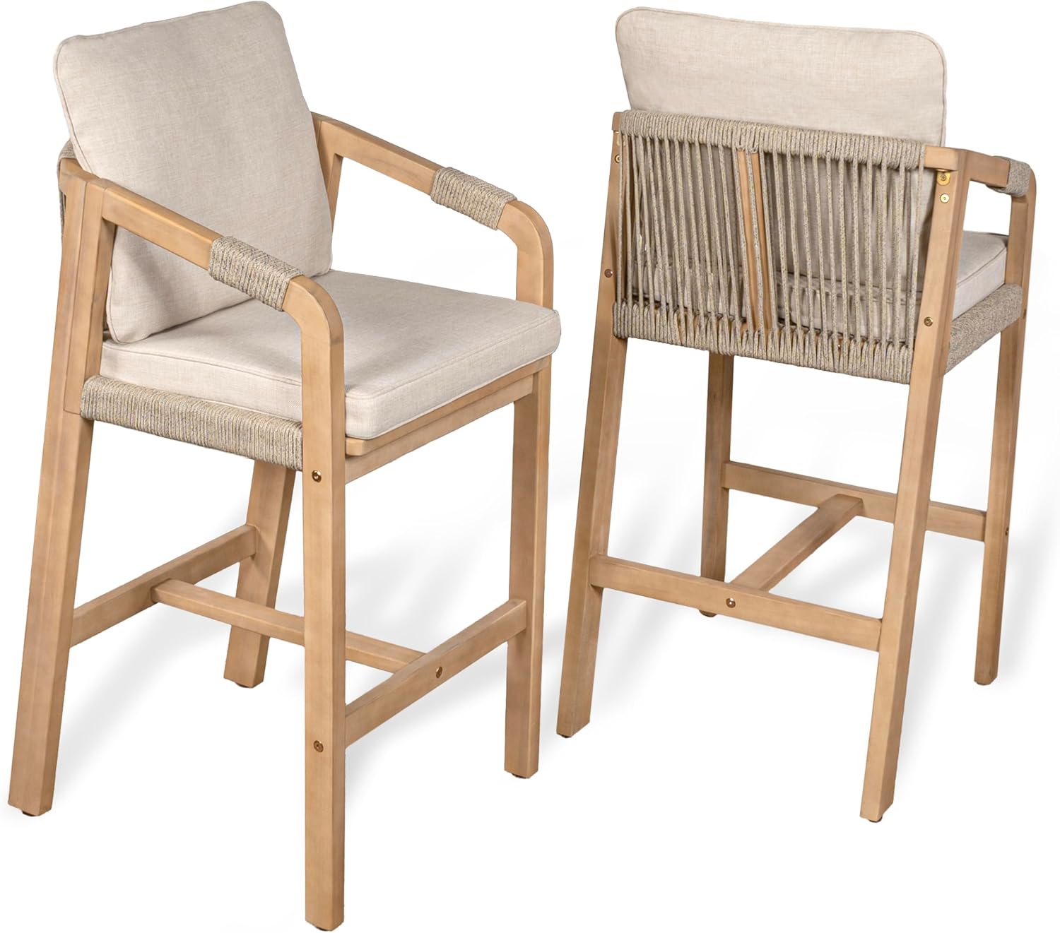 JONATHAN Y Porto Acacia Wood Outdoor Bar Stool Set of 2 for Patio and Kitchen Counter, Coastal Woven Rope Armchairs with Removable Cushions, Light Teak BSL1200A-SET2