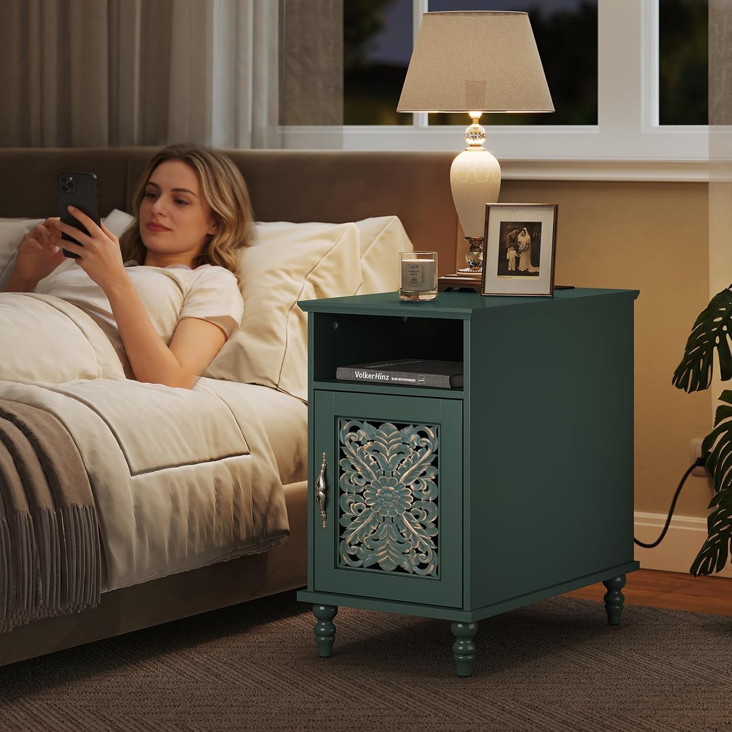 ARTPOWER Narrow Side Table with Charging Station Set of 2, Vintage Carved Door End Table with Storage for Small Spaces, Slim Bedside Table for Living Room, Bedroom, Green