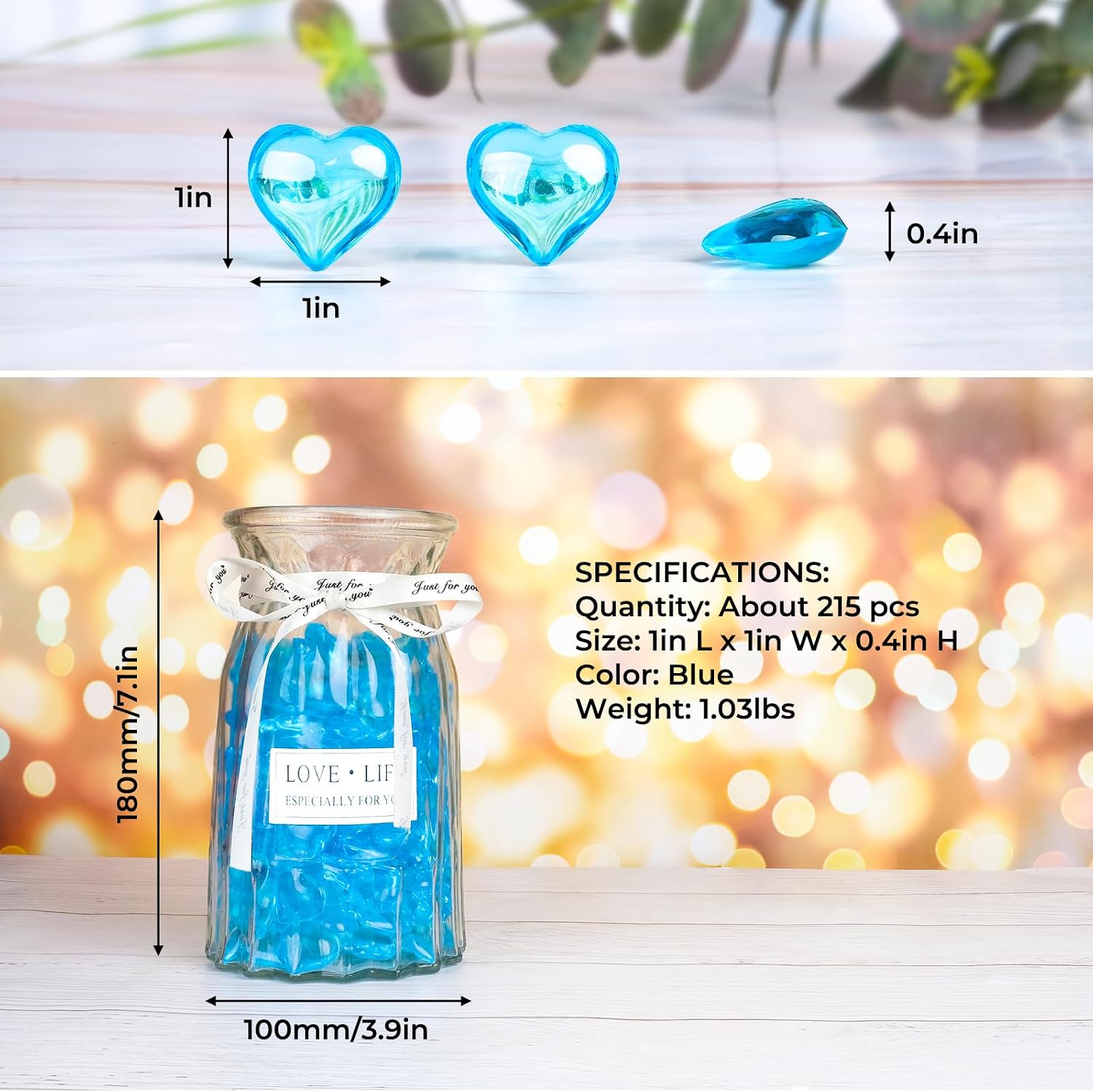 Babenest 215pcs Blue Heart Acrylic, 1Inch Crystal Rhinestones, Diamond Fake Gems Vase Filler for Table Scatters Wedding Party Anniversary Decoration Favor