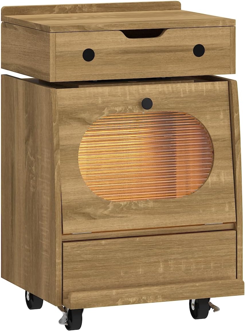 Timechee Robot Side Table with Wheels for Living Room, LED End Side Table with 360° Rotating Drawer, Led Night Stand, 2 Drawer Kids Nightstand, Modern Storage Cabinet for Living Room, Bedroom, Natural