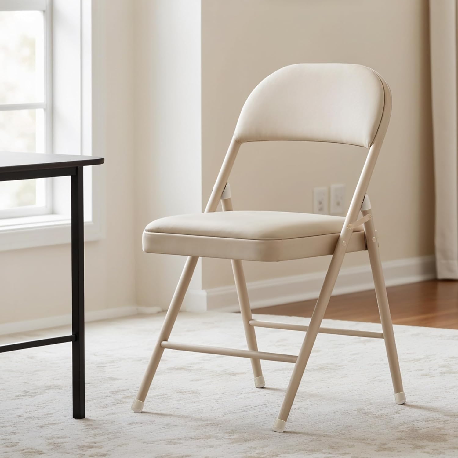 Simple Deluxe 2 Pack Folding Chairs, Plush Padded Leather Seats, Reinforced Metal Frame | Lightweight Collapsible Seats for Home, Office & All Occasions, Khaki