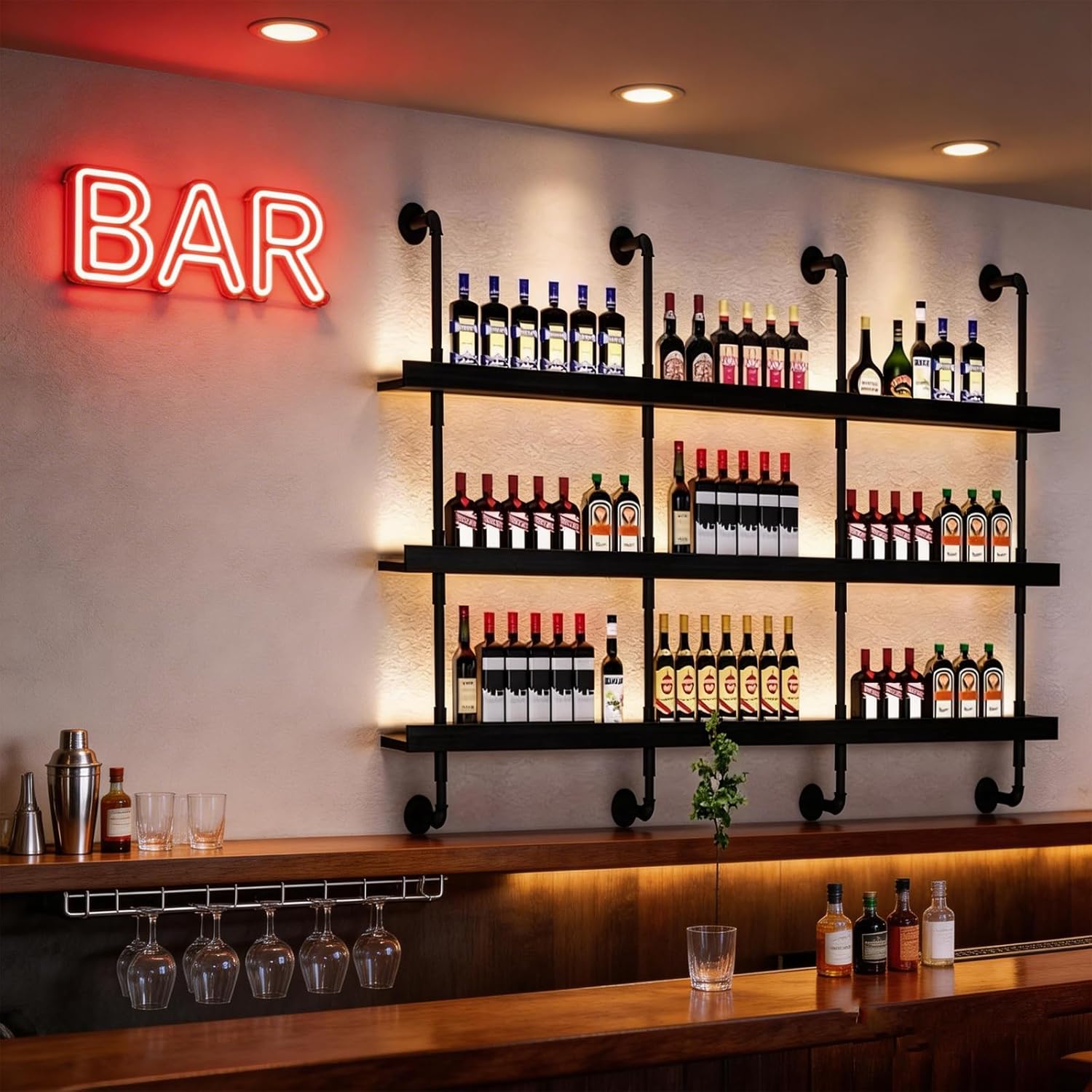 89cm/35in Wall Mounted Wine Rack with LED Light - 3-Tier Solid Wood Industrial Rustic Floating Shelves, Bottle Storage Organizer for Kitchen, Bar, Pub, Cellar, Home Bar (Black, 89cm/35in)
