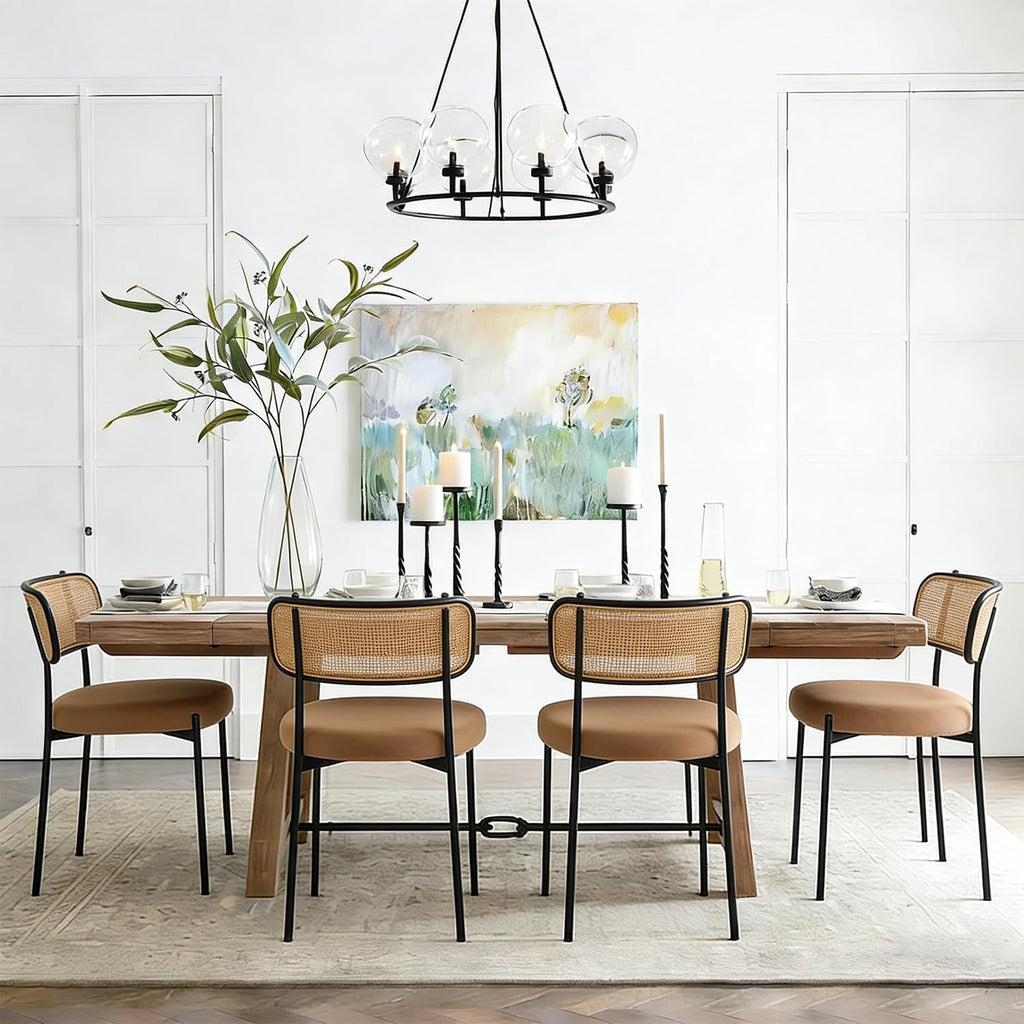 Brown Rattan Dining Chairs Set of 6, Mid-Century Modern Chair with Boucle, Kitchen Dining Room Chairs for Living Room with Metal Legs, Round Upholstered Sherpa
