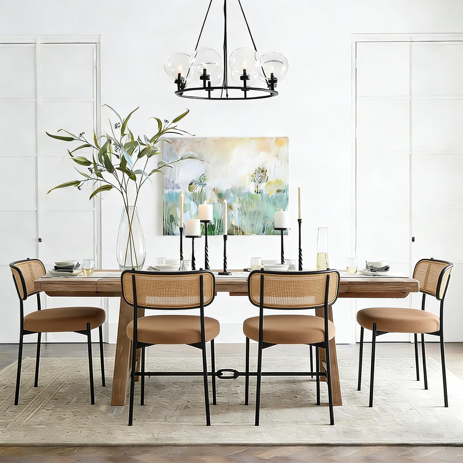 Brown Rattan Dining Chairs Set of 6, Mid-Century Modern Chair with Boucle, Kitchen Dining Room Chairs for Living Room with Metal Legs, Round Upholstered Sherpa