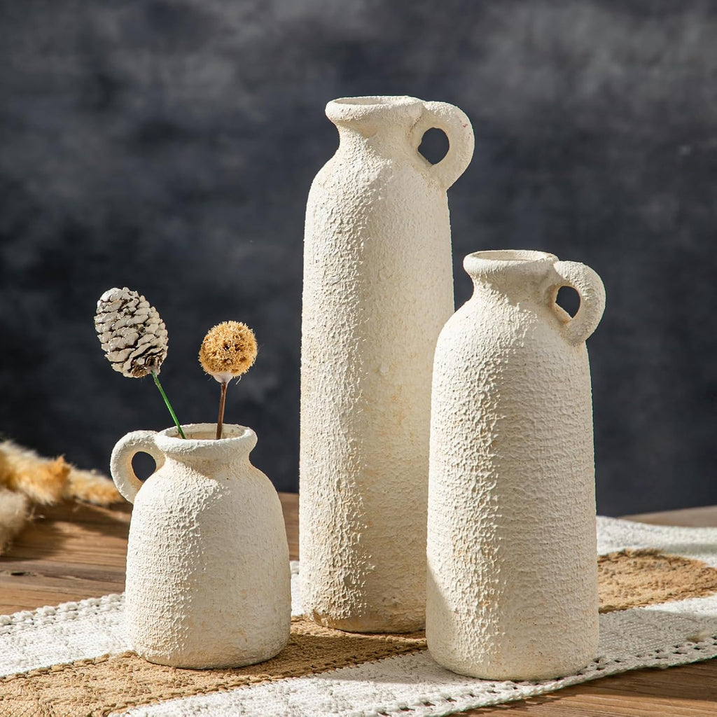 White Ceramic Vase Set of 3, Modern Rustic Flower Vases, Matte White Bohemian Decor, Farmhouse Home Decor for Living Room Kitchen Table Centerpieces Bedroom Shelf