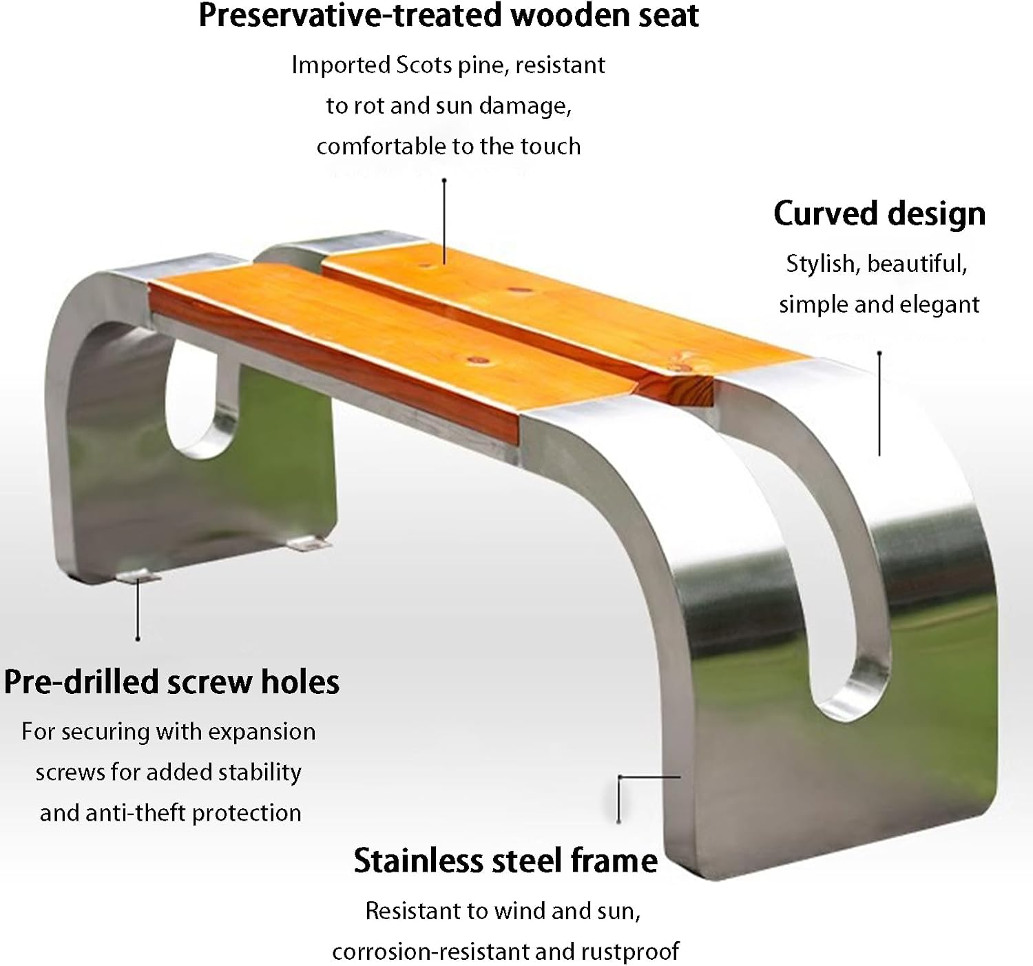 Curved Outdoor Bench with a Unique Design, Featuring Solid Wood seat and Metal Frame. Ships Fully Assembled and is Suitable for Parks, Communities, and Streets Yellow 120cm