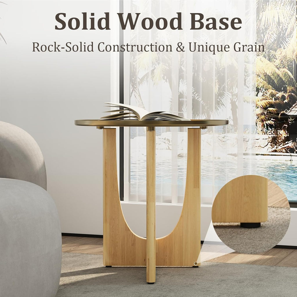 ACEDÉCOR Round Side Table, Solid Wood End Table with Brushed Gold Metal Tray Top, Modern Side Table for Living Room Bedroom Small Space