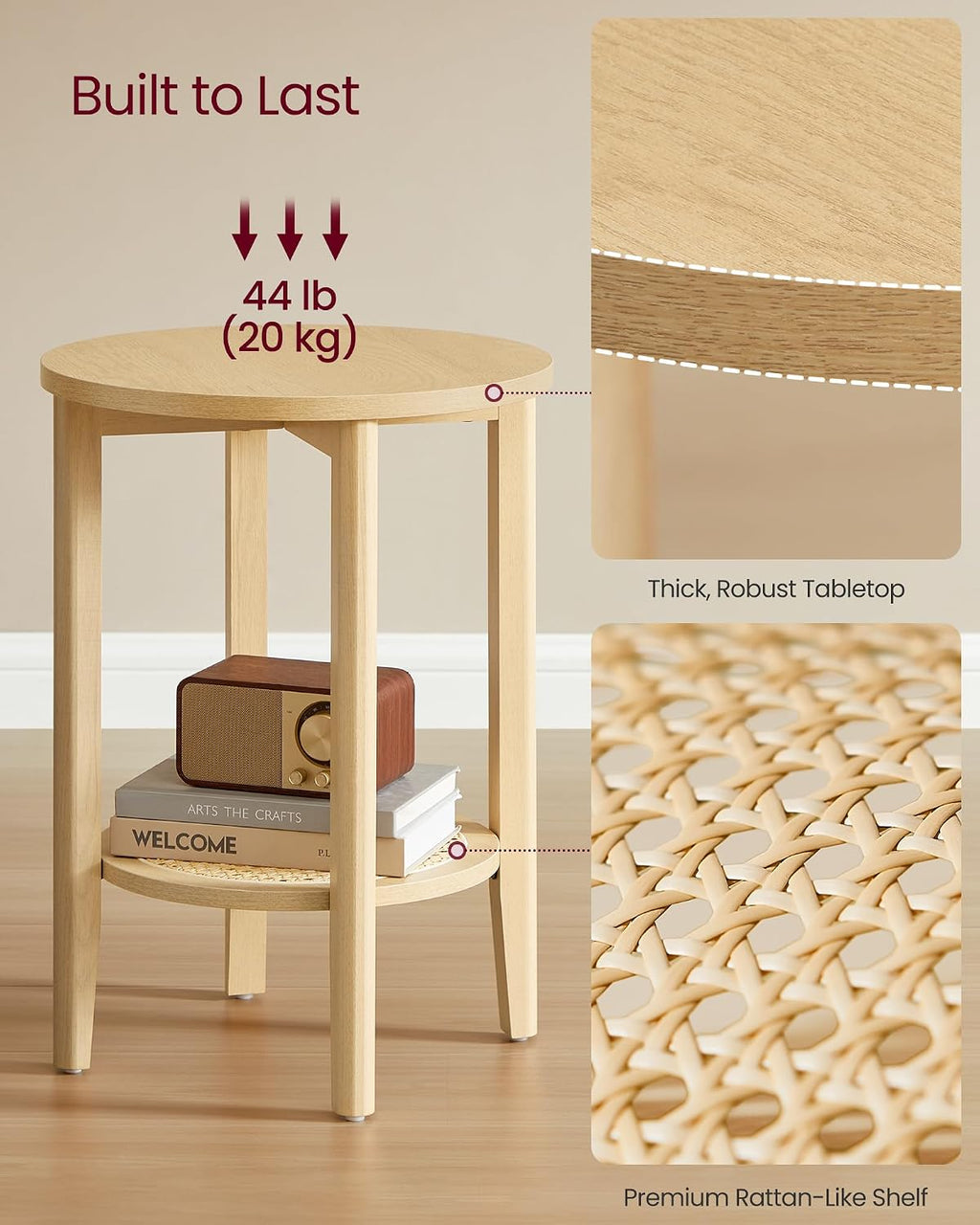 VASAGLE Round Side End Table, 2-Tier Boho Bedside Table with Rattan-Look Storage Shelf, Nightstand for Small Spaces, for Living Room, Bedroom, Home Office, Oak Beige ULET296Y01
