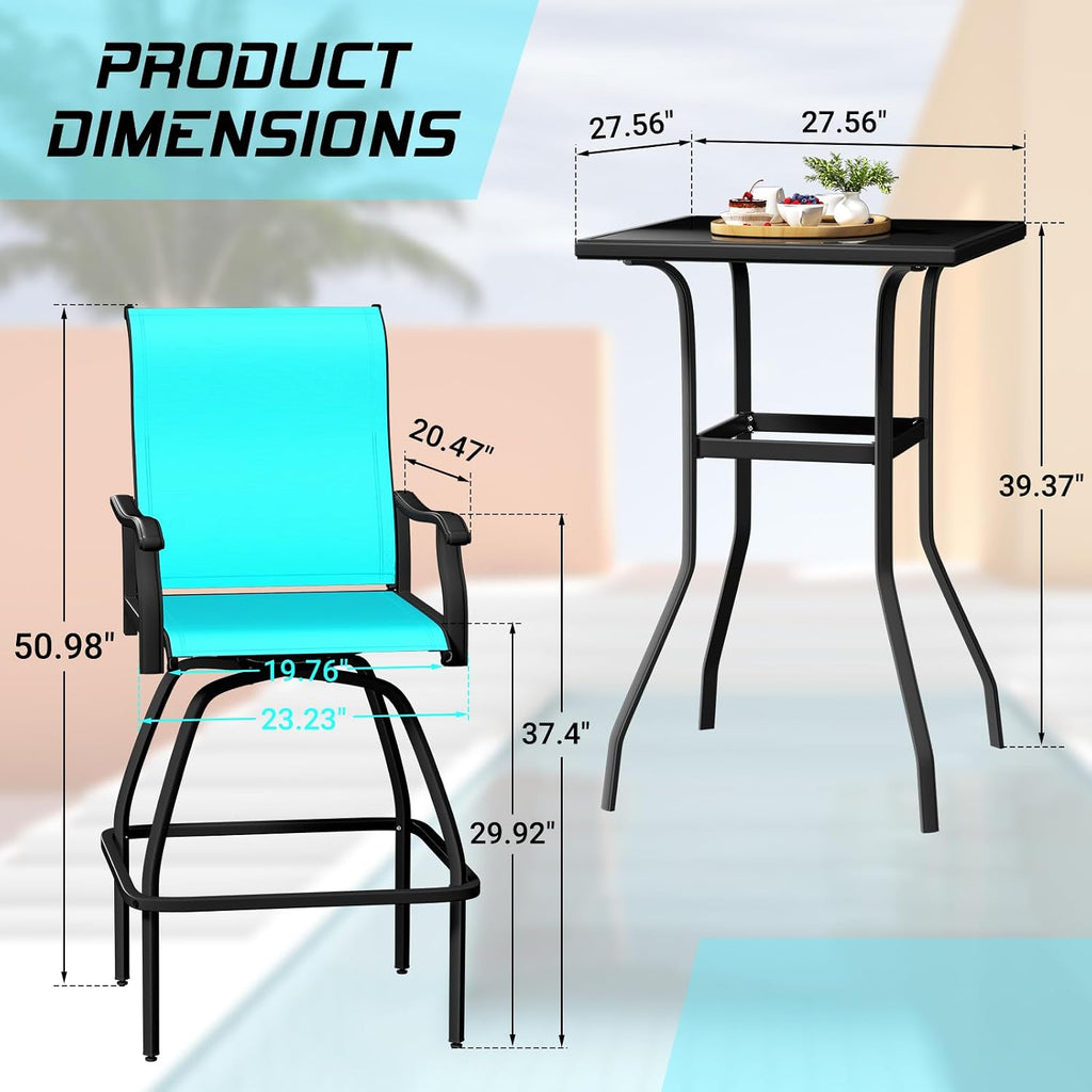 LEVELEVE Patio Bar Set 2pcs Swivel Bar Stools Outdoor Bistro Textilene Furniture Stability All-Weather Set (3, Lake Blue Padded)