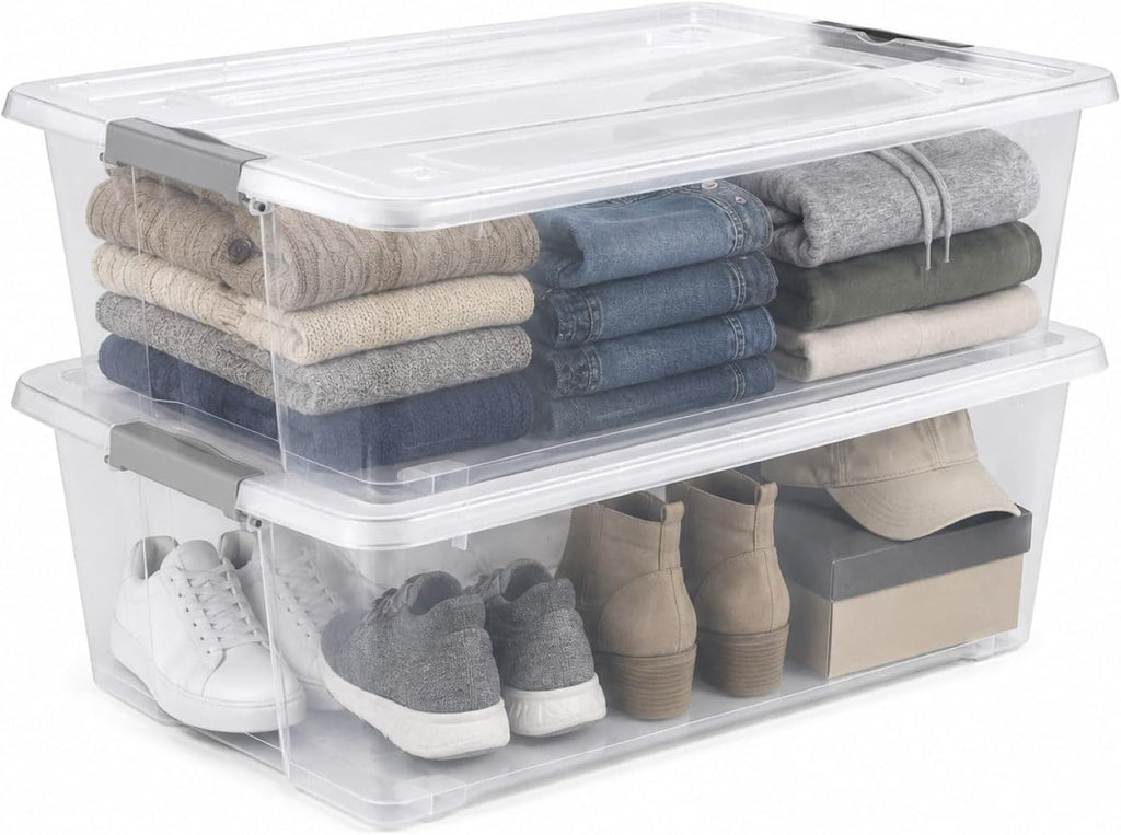 2 Pack Under Bed Storage Bin with Lid,40 Quart Stackable Clear Plastic Container for Clothing, Bedding Items,Under Bed Storage Organizer with Wheels,Transparent Underbed Design