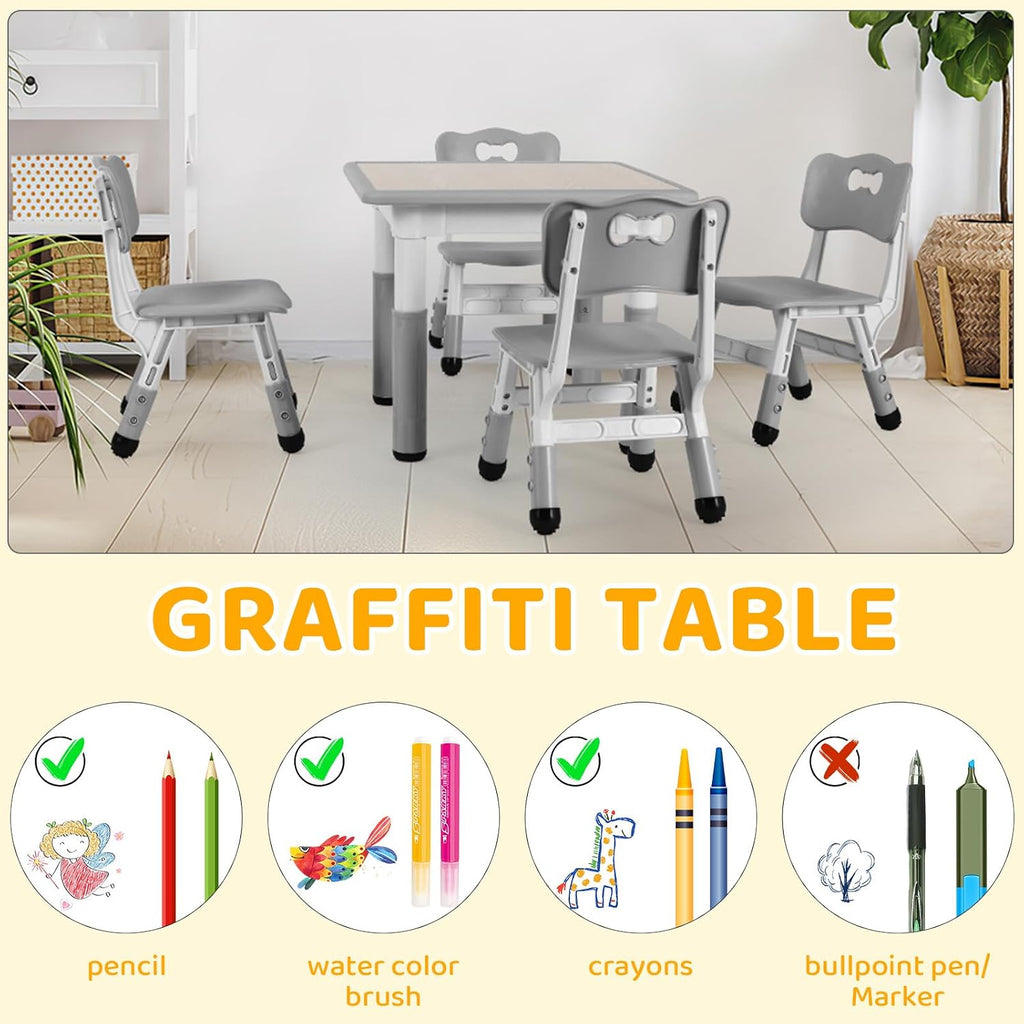 Arlopu Kids Table and 4 Chairs Set, Height Adjustable ((18.9"–23.6"), Anti-Slip Childrens Activity Desk, Wipe-Clean Desktop, Montessori Learning, Drawing for Toddler, Classroom, Home & Daycare (Grey)