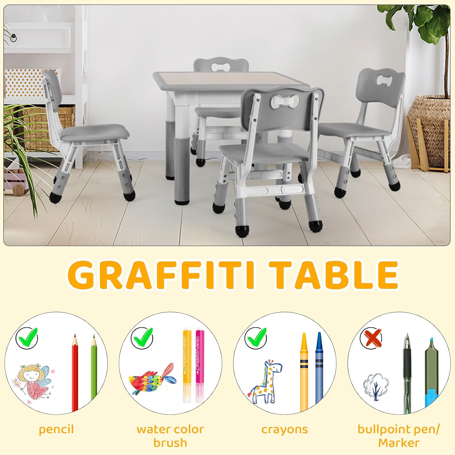 Arlopu Kids Table and 4 Chairs Set, Height Adjustable ((18.9"–23.6"), Anti-Slip Childrens Activity Desk, Wipe-Clean Desktop, Montessori Learning, Drawing for Toddler, Classroom, Home & Daycare (Grey)