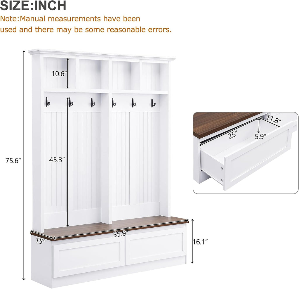 Merax Wood Hall Tree Entryway Bench with 6 Hooks, Farmhouse Mudroom Versatile Coat Racks with 2 Large Drawers Entrance Organizer for Hallway White