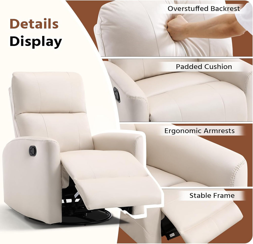 HAOMARKETS Swivel Rocker Recliner Chair Set of 2, Manual Faux Leather Glider Rocking Recliners for Adults, 360° Swivel Nursery Reclining Sofa with Padded Backrest for Living Room, White