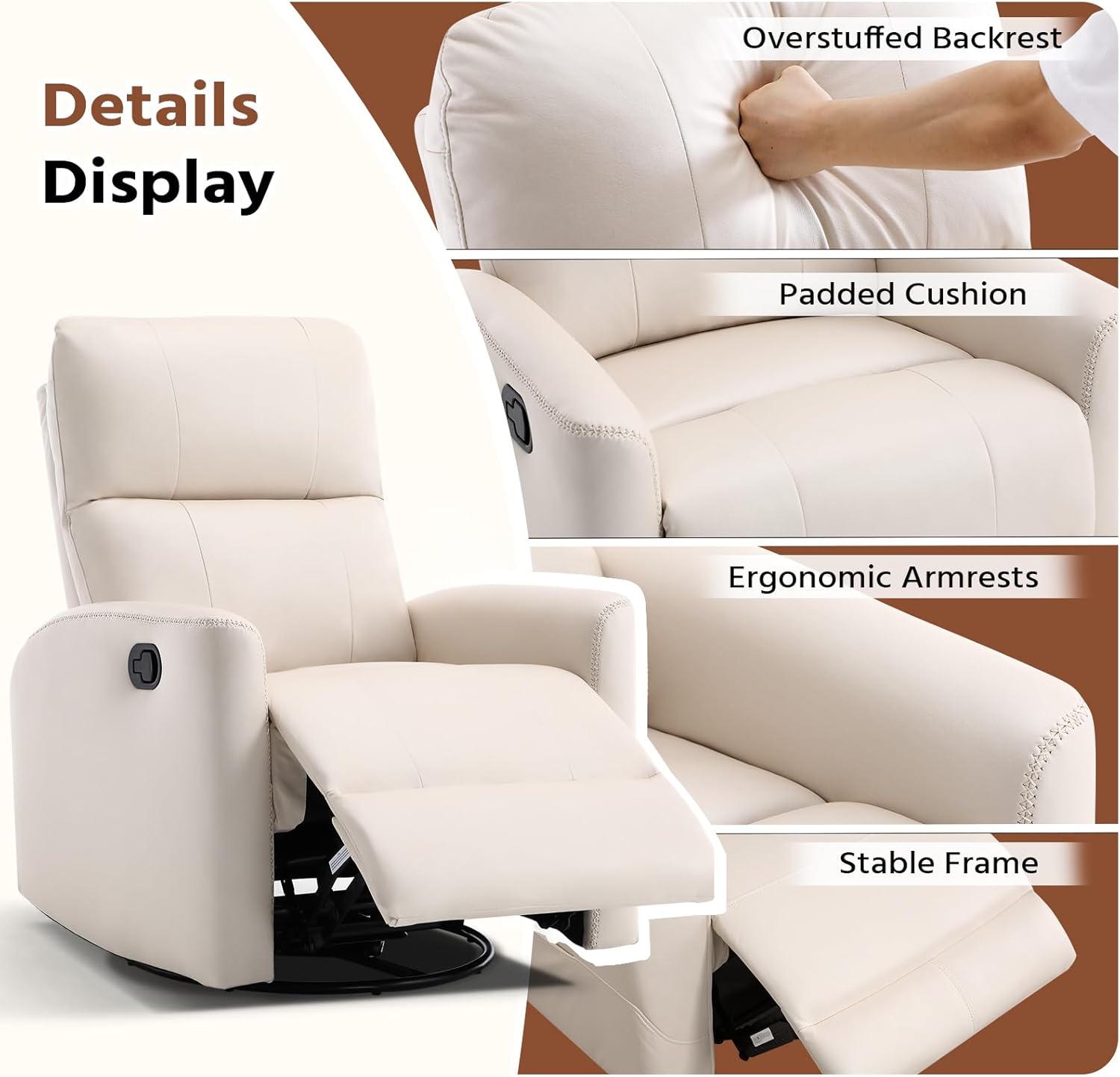 HAOMARKETS Swivel Rocker Recliner Chair Set of 2, Manual Faux Leather Glider Rocking Recliners for Adults, 360° Swivel Nursery Reclining Sofa with Padded Backrest for Living Room, White