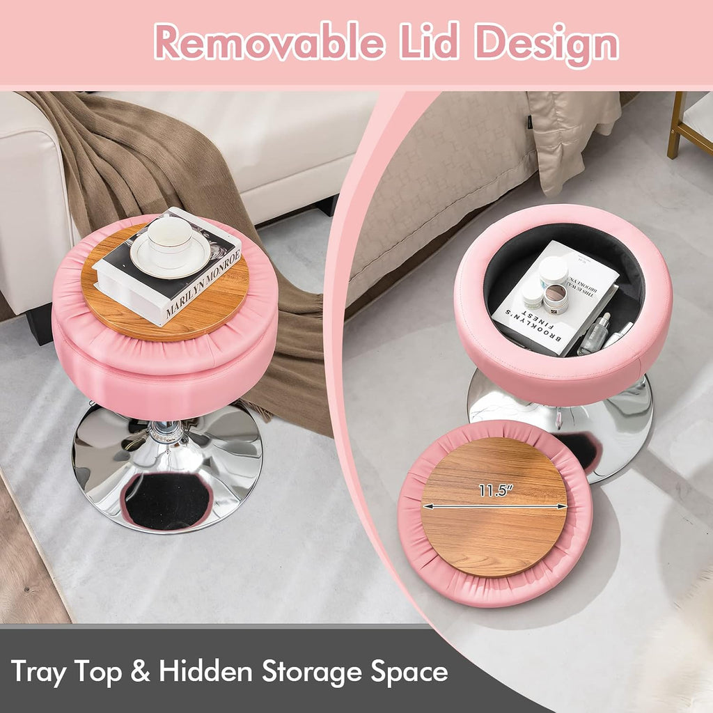 COSTWAY Counter Height Bar Stool, Tufted PU Leather 20"-26" H Adjustable Swivel Vanity Chair with Removable Tray Top and Storage Space, Modern Round Ottoman for Makeup Kitchen Island Shop, Pink
