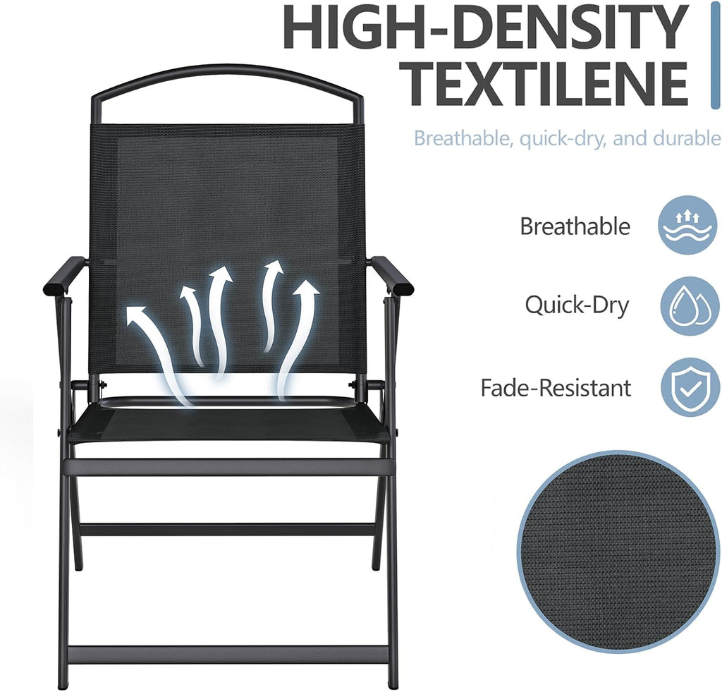 SWITTE Folding Patio Chairs Set of 2, Outdoor Dining Chairs with Armrests, Breathable Textilene & Steel Frame for Lawn, Garden, Yard or Poolside - Black