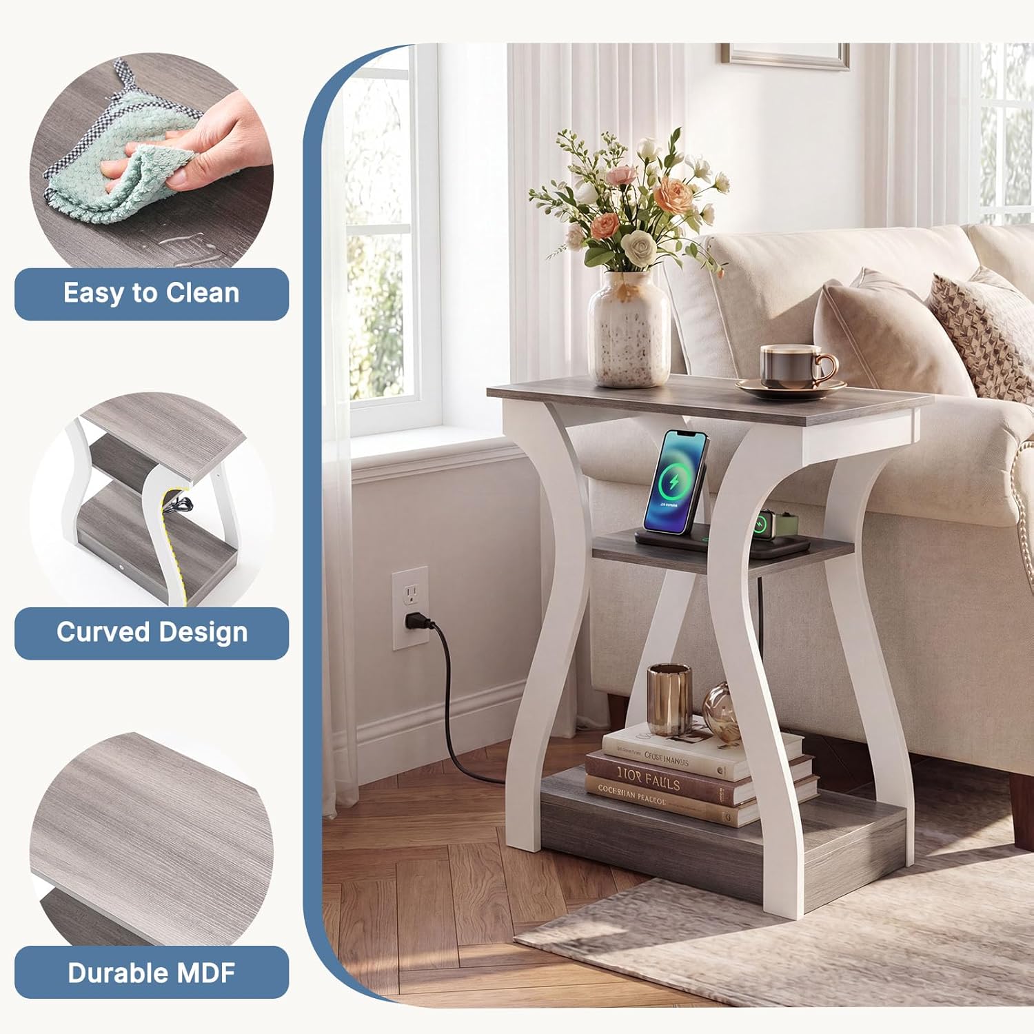 OLIXIS 3 Tier End Table with Charging Station, Modern Curved Nightstand Side Table with USB, Type-C Port & AC Outlets, Storage Shelf Cabinet for Living Room Bedroom Home Decor, Off-White