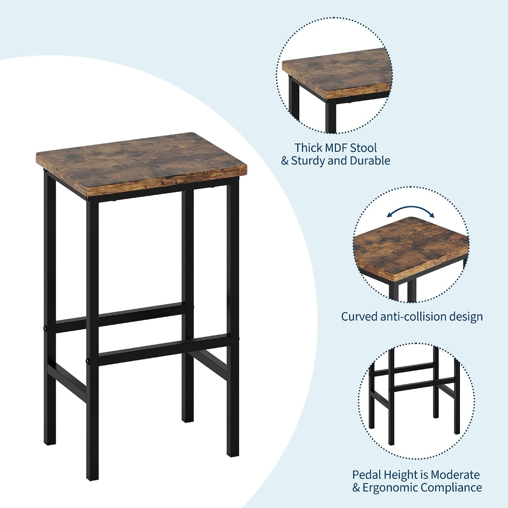 GarveeHome 3-Piece Kitchen Table Set with Storage Shelves & 2 Bar Stools - Iron and Wood Dining Table for Small Spaces, Apartments, Condos, Rustic Brown