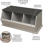 Badger Basket Three-Bin Stackable Storage Cubby – Woodgrain Gray, Expandable Storage with Top Display Shelf for Toys, Crafts & More