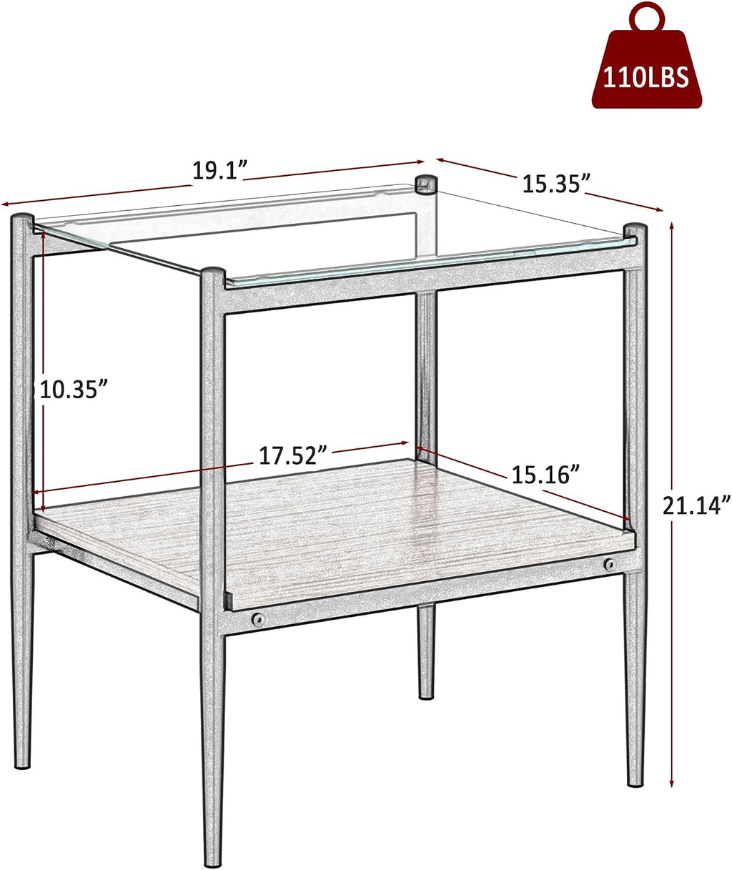 mikibama Set of 2 Rectangle Small End Tables,Tempered Glass Sofa Side Table with MDF Storage Shelf,Metal Legs,Modern Table for Living Room,Bedroom,Small Space,Office,Transparent+Black