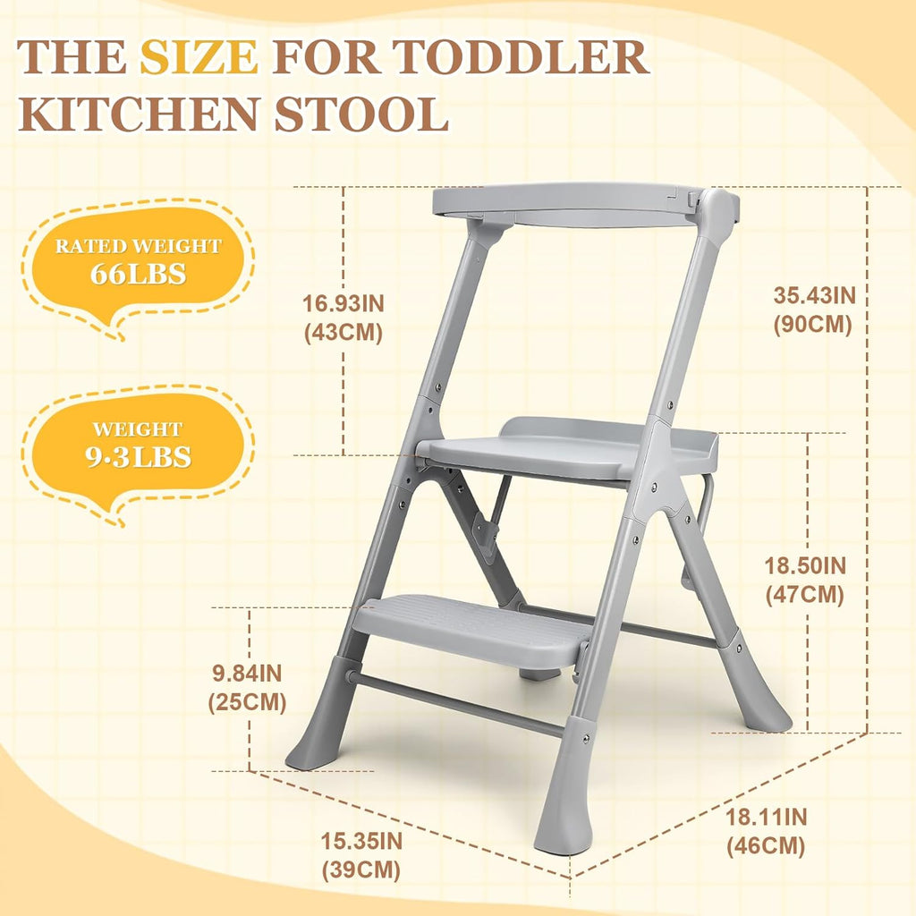 Toddler Tower with Safety Net, 2-Steps Step Stool Standing Tower with Anti-Drop Safty Railing for Kitchen Counter Bathroom Sink Learning, Kitchen Helper for Kids Ages 3 to 6 Years