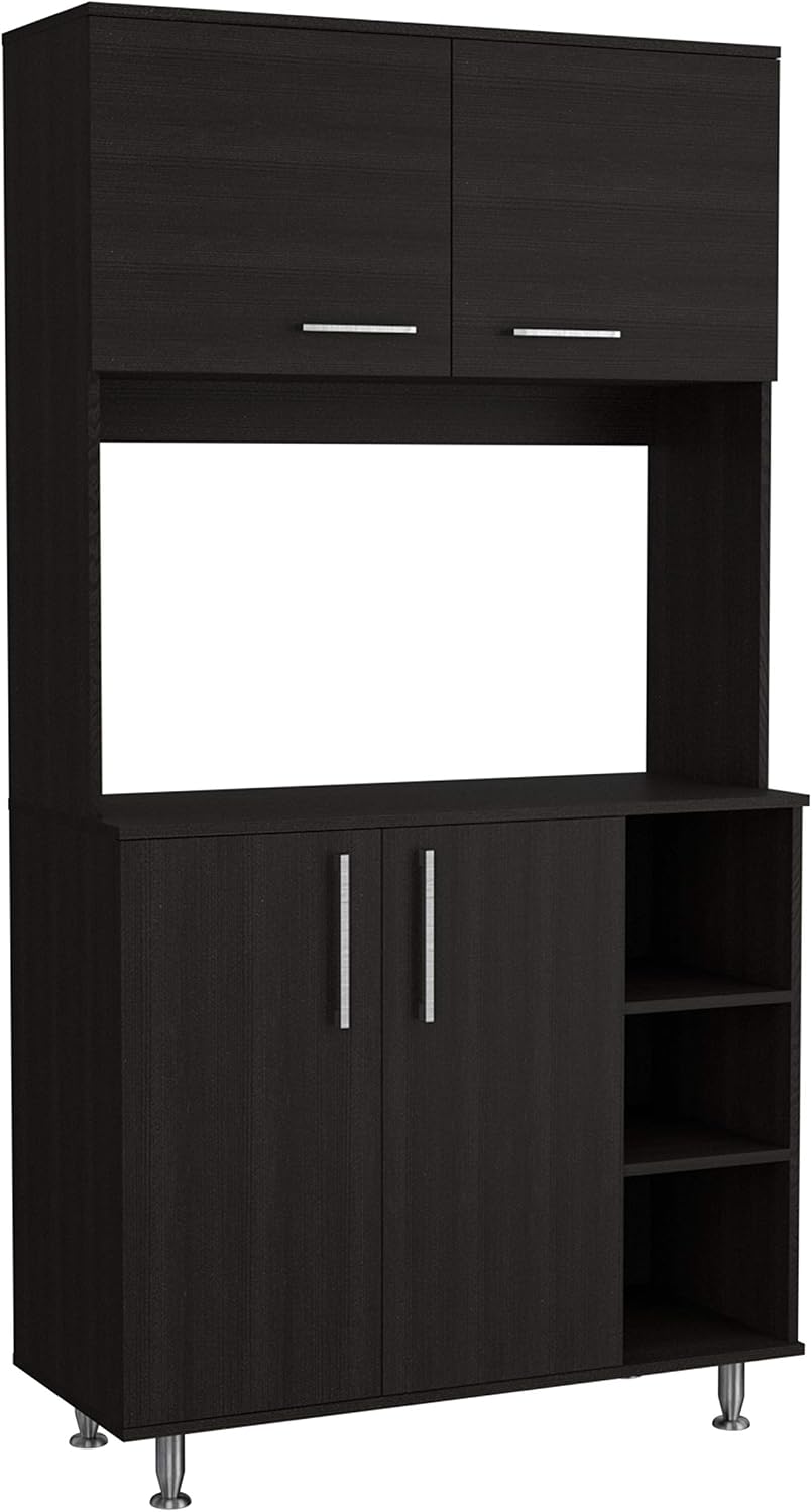 Modern Kitchen Pantry, Storage Cabinet with 4 Doors, Black, Particle Board, for Dining Room, Easy to Clean