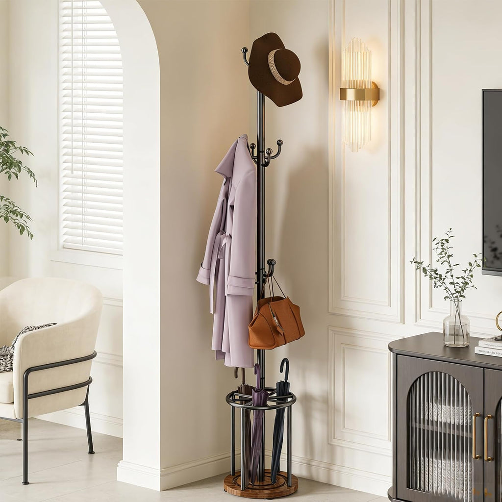 Coat Rack Freestanding, Coat Rack Stand with Umbrella Holder, Coat Tree, Coat Hanger Stand with 12 Hooks for Clothes Bag Hats, Hat Rack Hall Tree Coat Hanger Umbrella Stand for Entryway