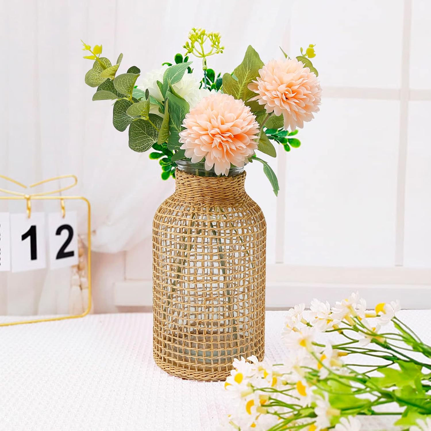 MDEOOSKY Straw Woven Glass Vase 7.87''x1.96''x4.13''Boho Glass Flower Vase Country Rustic Style Vase Glass Vase for Floral Arrangements Bottle Height (B Style 7.87IN)