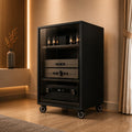 rolling Media Storage Cabinet with Tempered Glass Door, audio rack cabinet with Cable Management, Efficient Heat Dissipation, Studio home audio cabinet for Living Room/Gaming Setup/Home (3-tier)