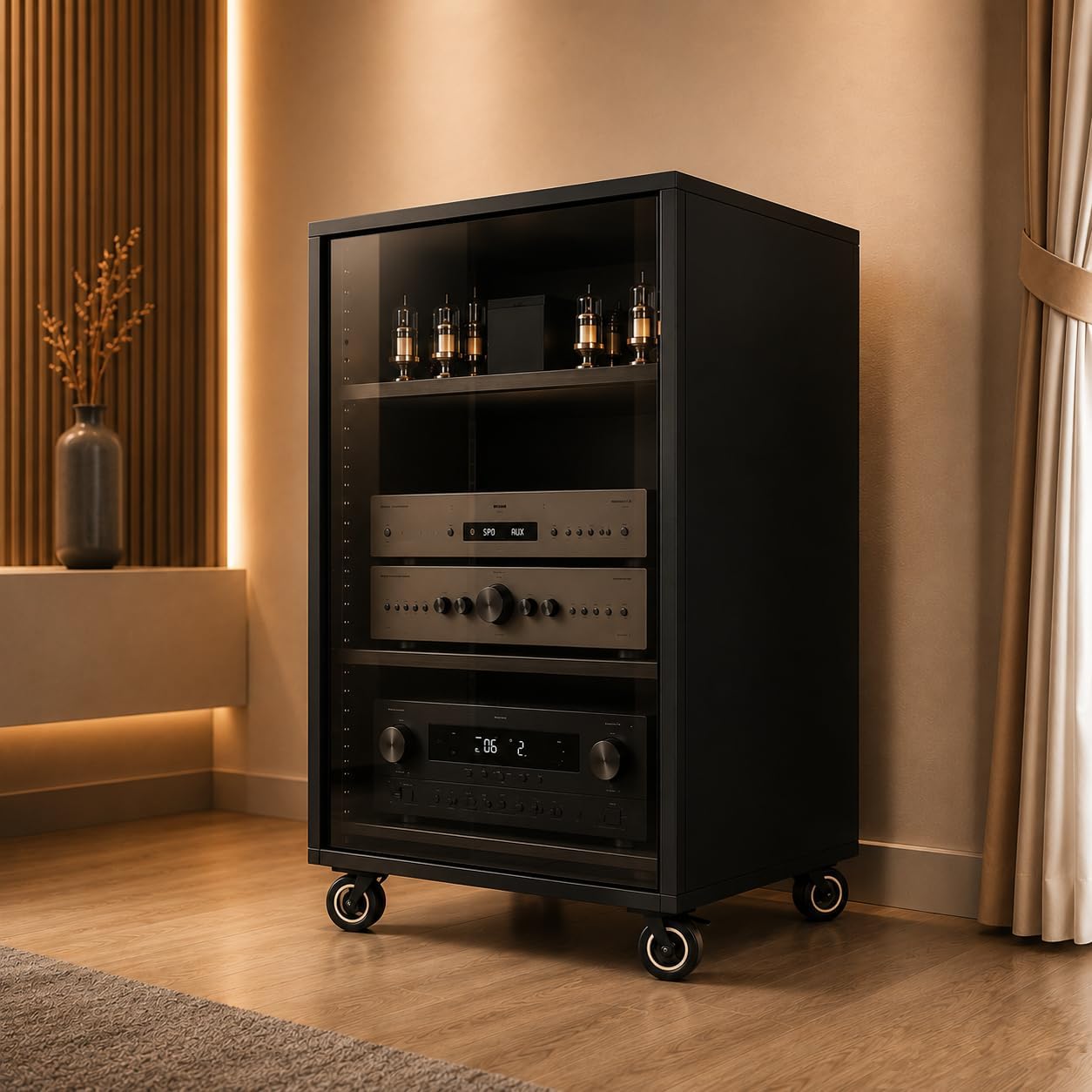 rolling Media Storage Cabinet with Tempered Glass Door, audio rack cabinet with Cable Management, Efficient Heat Dissipation, Studio home audio cabinet for Living Room/Gaming Setup/Home (3-tier)