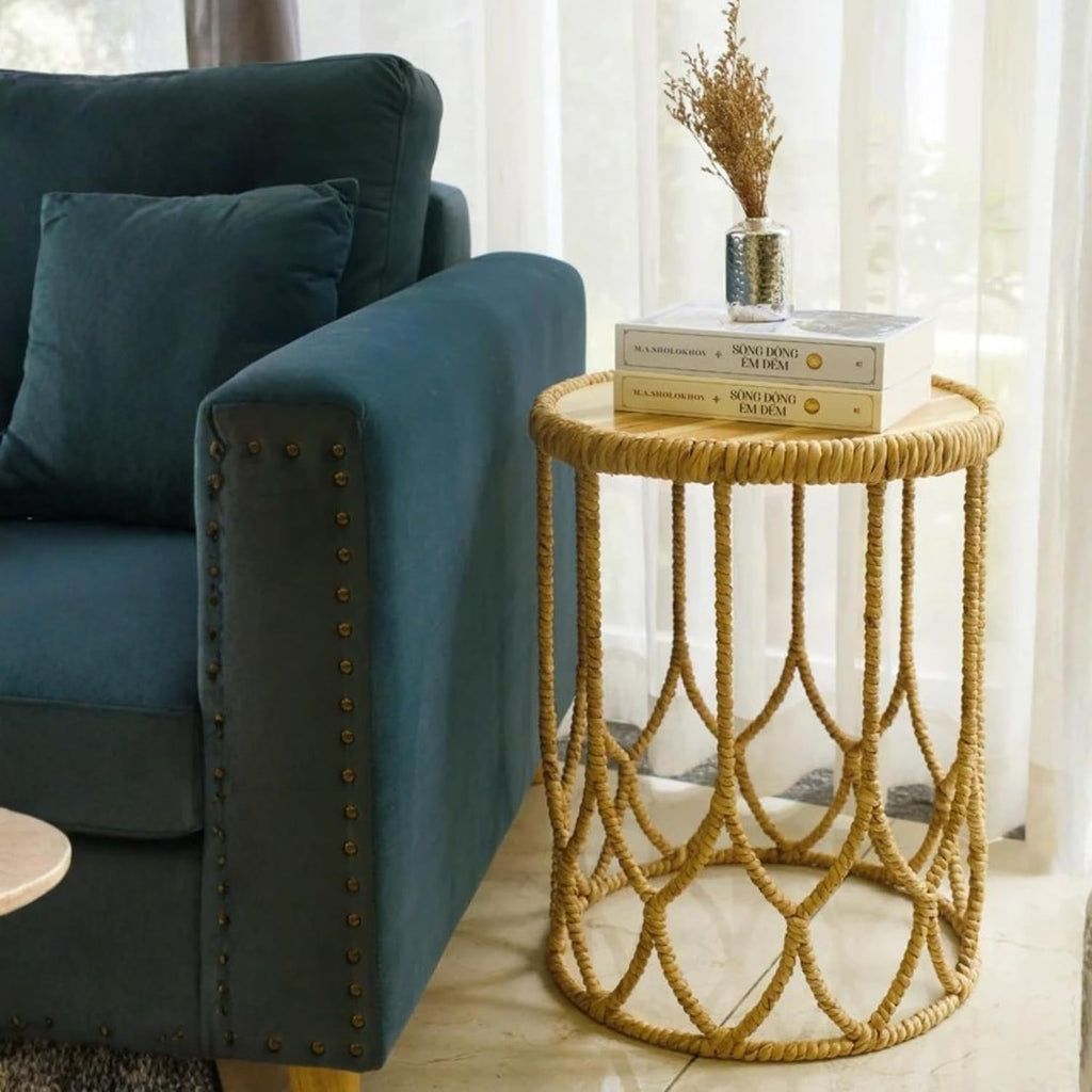 VNT Signature Handwoven Round Side Table with Solid Wood Top – Natural Rattan Accent Table, Artisan-Made