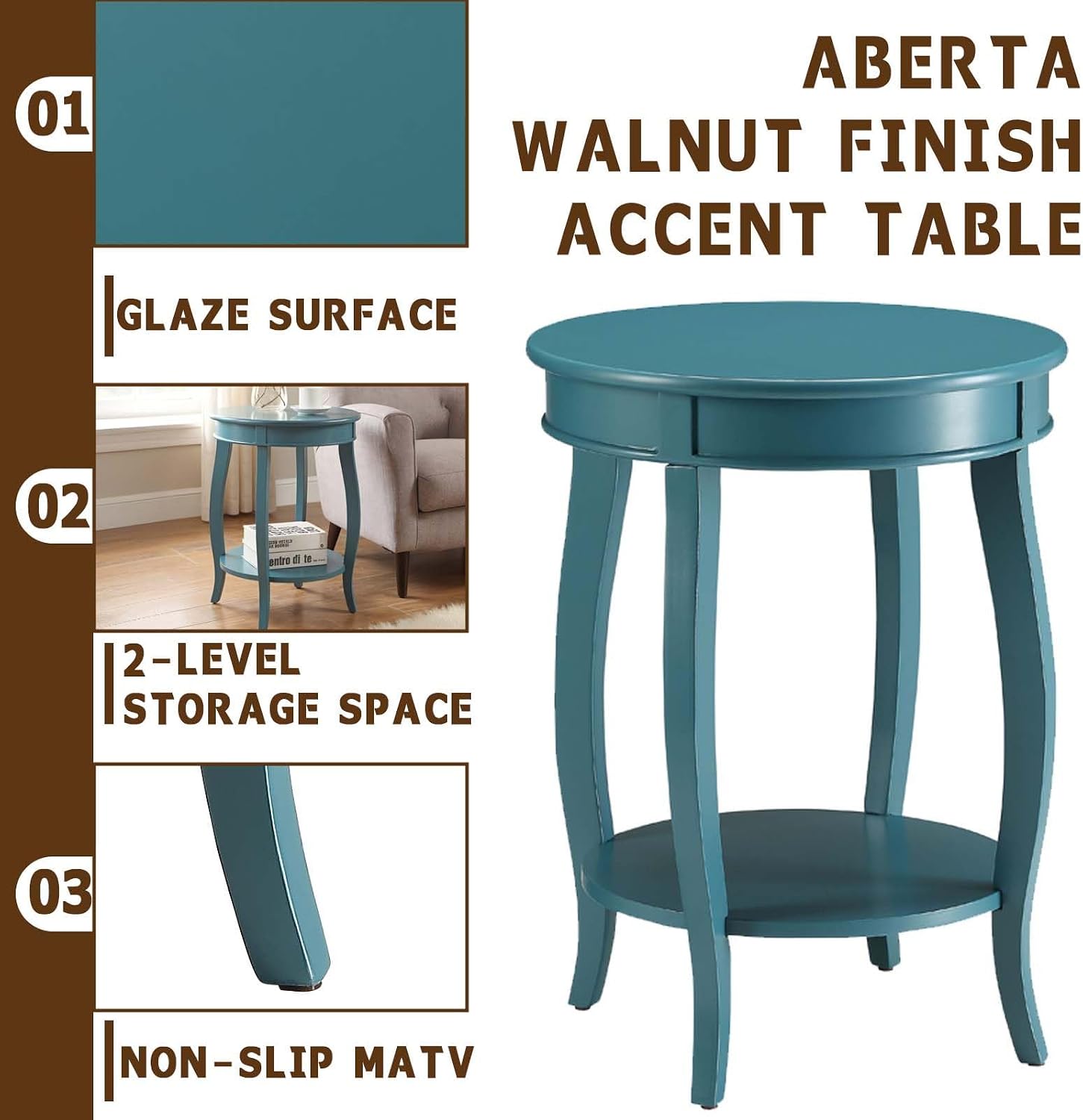 Small Accent Table with Storage, Round End Tables for Living Room, Wooden Circle Side Table for Small Spaces Bedroom Sofas Entryways, Easy to Assemble (Teal)