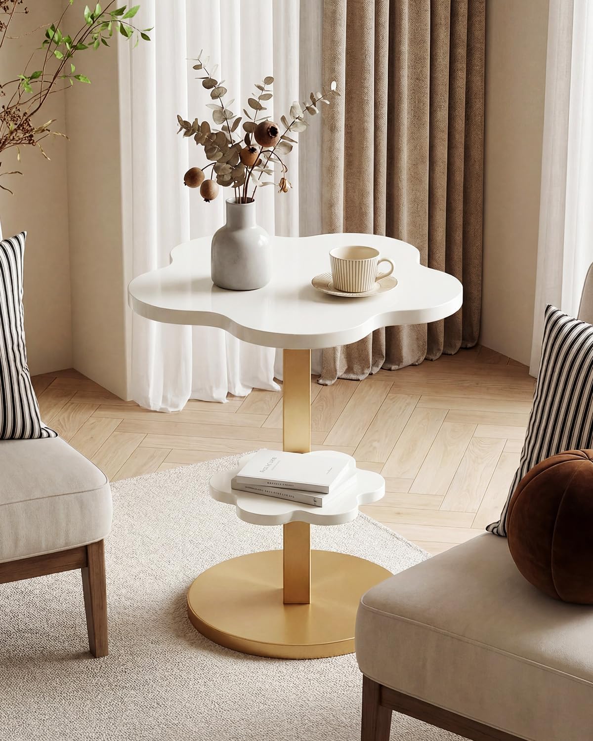 LITTLE TREE End Table, 2-Tier Sofa Side Table, Flower Nightstand with C-Shaped Gold Frame, Modern Luxury Accent Table for Living Room, Bedroom, Small Spaces, Easy Assembly, Glossy Gold + White, 2 PCS