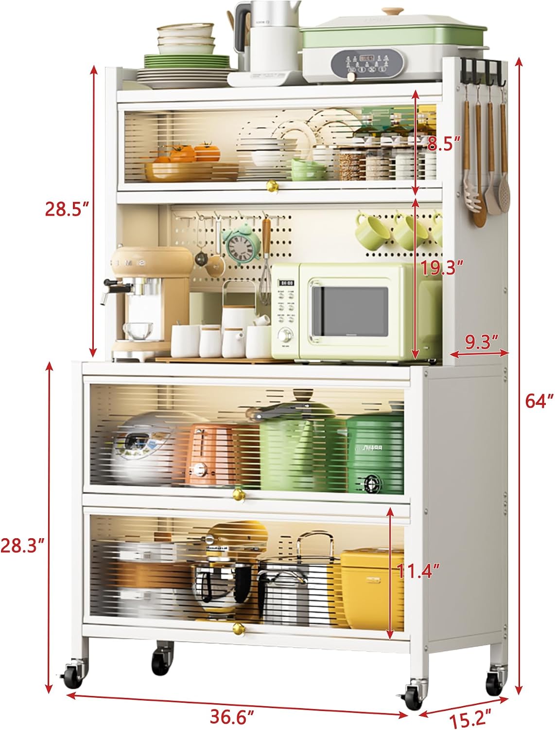 64" Kitchen Pantry Cabinet, Tall Storage Cabinet with Glass Doors and Wheels, Bakers Rack Countertop, Microwave Oven Shelf Cabinet, Cabinet Cupboard for Kitchen, Living Room, Dining Room (White)