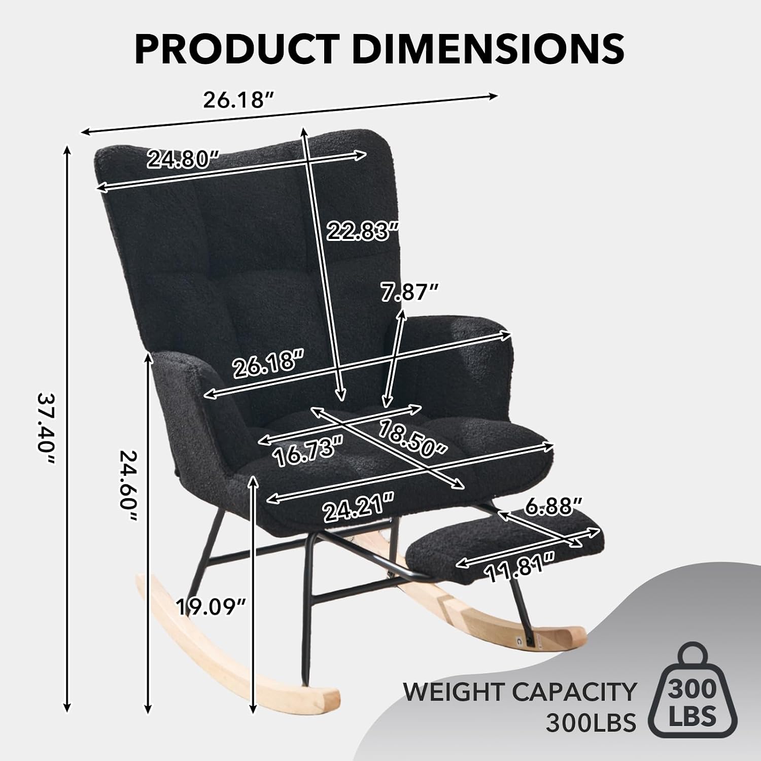 Nursing Rocking Chair, Teddy Glider Rocker with Footrest (Black) | Upholstered Accent Rocking Armchair with High Back & Side Pocket for Living Room Bedroom Nursery Office