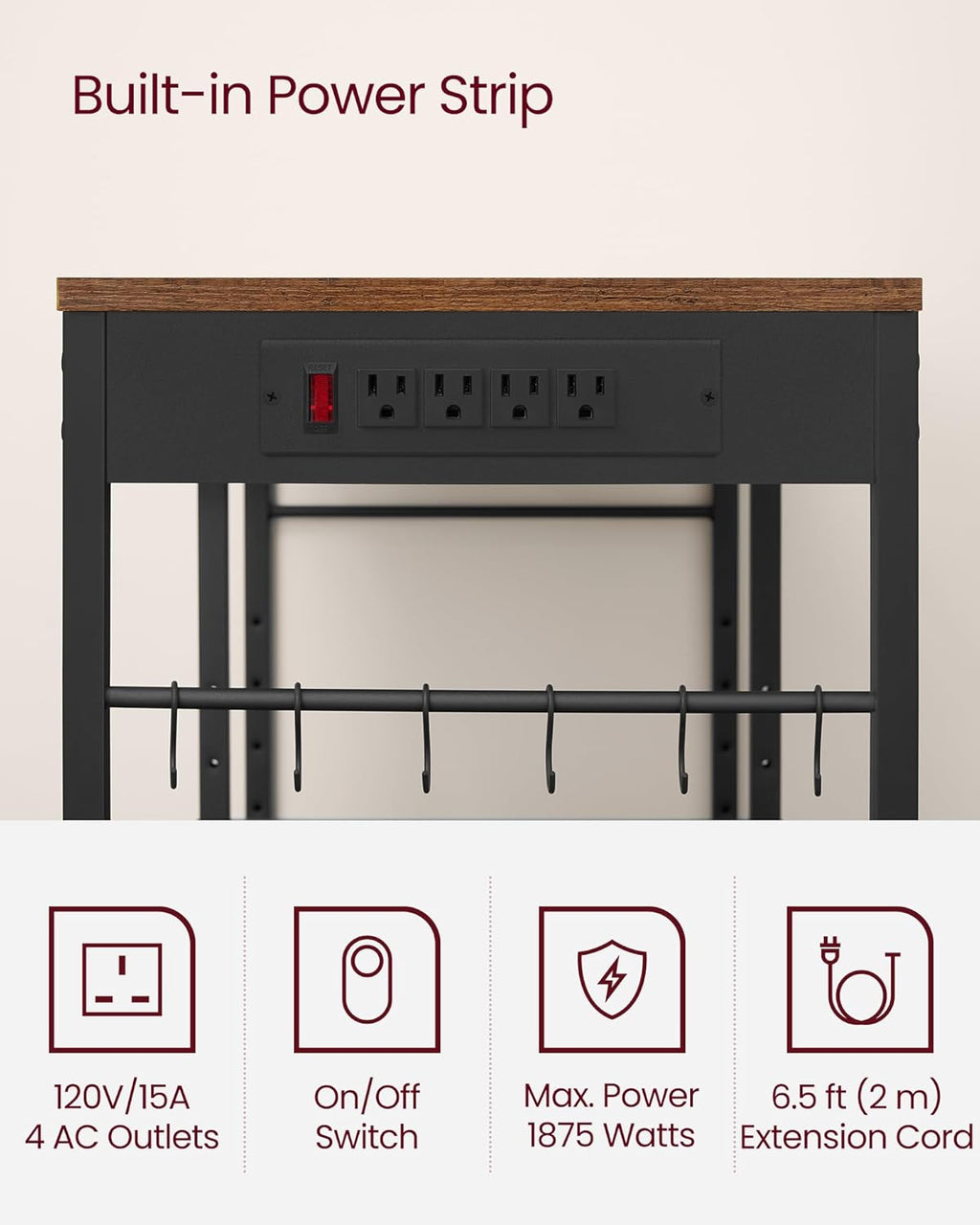 VASAGLE Baker's Rack, Coffee Bar Stand with Charging Station, 35.6 Inches Tall, Storage Shelves, Pull-Out Wire Basket, Table for Microwave, Kitchen, Rustic Brown and Ink Black UKKS036K01
