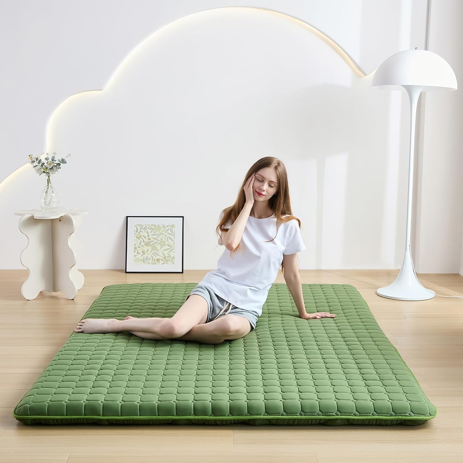 Zelladorra Japanese Floor Mattress Queen, Anti-Slip Japanese Futon Roll Up Tatami Mat for Guests, Green
