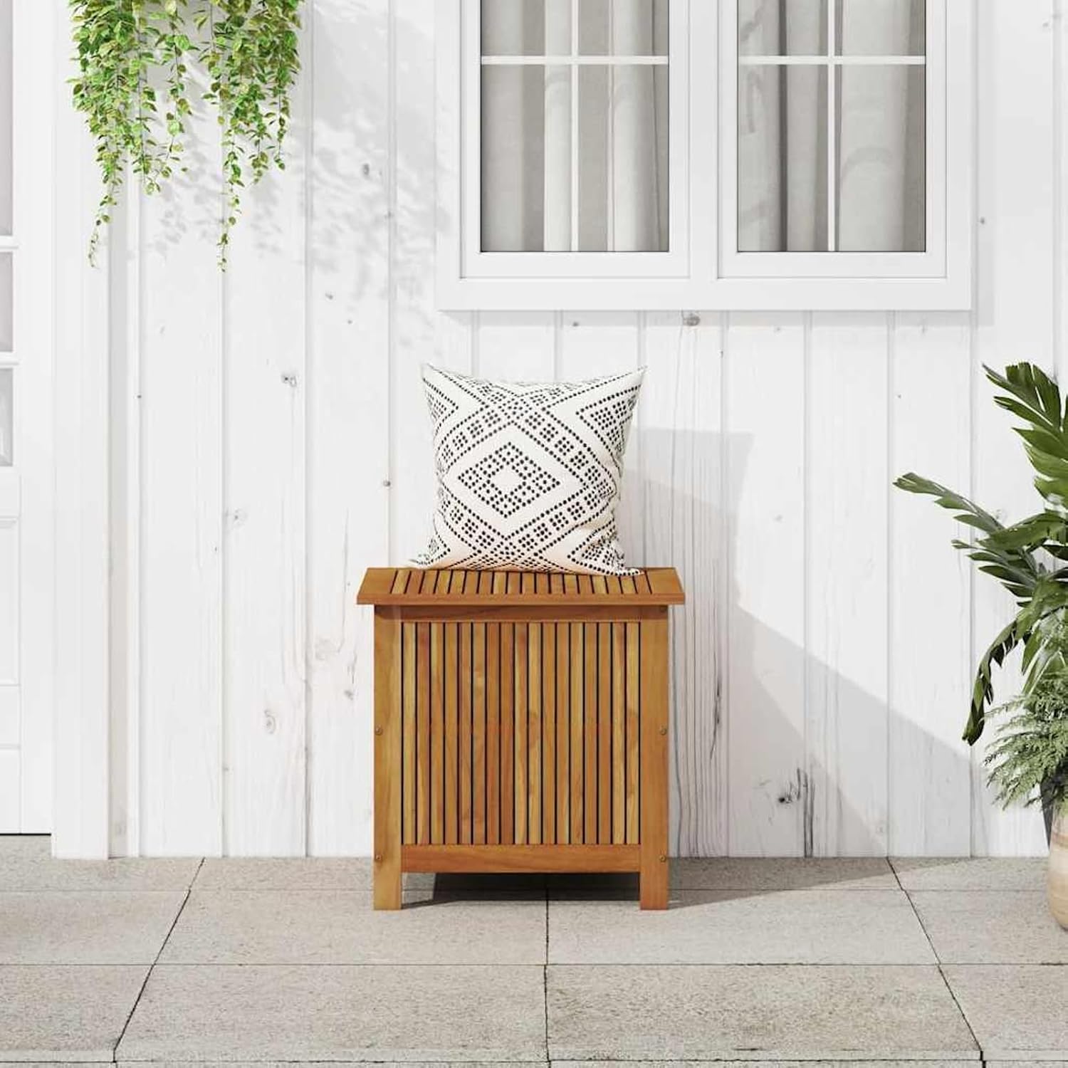Gecheer Wooden Storage Box, Garden Storage Bench with Water-Resistant Bag, 60x50x58 cm Solid Acacia Wood Organizer for Outdoor Indoor Use